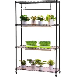 VEVOR Plant Shelf with Grow Light, 4-Tier Indoor Plant Stand, 59in Tall Plants Display Rack with Wheels, 90W 3-Color Full Spectrum Grow Lights, Heavy Duty Metal Flower Pot Holder for Seed Starting