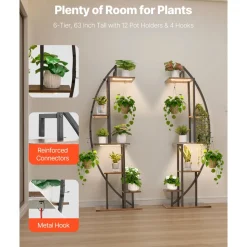 VEVOR Plant Stand Indoor with Grow Lights, 63 in Tall 6-Tiered Lighted Plant Shelf, 2 Pack Metal Corner Plants Holder, 3 Timer & 10 Brightness, Half-Moon Shaped Flower Display Rack for Living Room