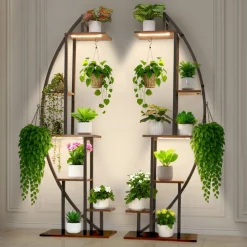 VEVOR Plant Stand Indoor with Grow Lights, 63 in Tall 6-Tiered Lighted Plant Shelf, 2 Pack Metal Corner Plants Holder, 3 Timer & 10 Brightness, Half-Moon Shaped Flower Display Rack for Living Room