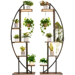 VEVOR Plant Stand Indoor with Grow Lights, 63 in Tall 6-Tiered Lighted Plant Shelf, 2 Pack Metal Corner Plants Holder, 3 Timer & 10 Brightness, Half-Moon Shaped Flower Display Rack for Living Room