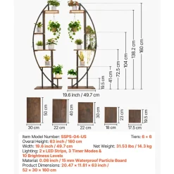 VEVOR Plant Stand Indoor with Grow Lights, 63 in Tall 6-Tiered Lighted Plant Shelf, 2 Pack Metal Corner Plants Holder, 3 Timer & 10 Brightness, Half-Moon Shaped Flower Display Rack for Living Room