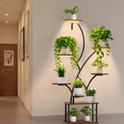 VEVOR Plant Stand Indoor with Grow Lights, 62 in Tall 8-Tier Lighted Plant Shelf, Metal Corner Plants Holder, 3 Timer & 10 Brightness, Tree-Shaped Flower Display Rack for Living Room Balcony Decor