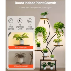 VEVOR Plant Stand Indoor with Grow Lights, 62 in Tall 8-Tier Lighted Plant Shelf, Metal Corner Plants Holder, 3 Timer & 10 Brightness, Tree-Shaped Flower Display Rack for Living Room Balcony Decor