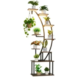 VEVOR Plant Stand Indoor with Grow Lights, 63 in Tall 9-Tier Lighted Plant Shelf, Metal Corner Plants Holder, 3 Timer & 10 Brightness, Curve-Shaped Flower Display Rack for Living Room Balcony Decor