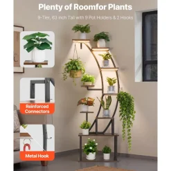 VEVOR Plant Stand Indoor with Grow Lights, 63 in Tall 9-Tier Lighted Plant Shelf, Metal Corner Plants Holder, 3 Timer & 10 Brightness, Curve-Shaped Flower Display Rack for Living Room Balcony Decor