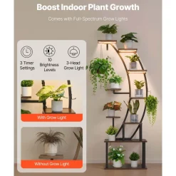 VEVOR Plant Stand Indoor with Grow Lights, 63 in Tall 9-Tier Lighted Plant Shelf, Metal Corner Plants Holder, 3 Timer & 10 Brightness, Curve-Shaped Flower Display Rack for Living Room Balcony Decor