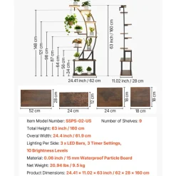 VEVOR Plant Stand Indoor with Grow Lights, 63 in Tall 9-Tier Lighted Plant Shelf, Metal Corner Plants Holder, 3 Timer & 10 Brightness, Curve-Shaped Flower Display Rack for Living Room Balcony Decor