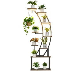 VEVOR Plant Stand Indoor with Grow Lights, 63 in Tall 9-Tier Lighted Plant Shelf, Metal Corner Plants Holder, 3 Timer & 10 Brightness, Curve-Shaped Flower Display Rack for Living Room Balcony Decor