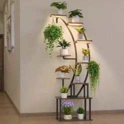 VEVOR Plant Stand Indoor with Grow Lights, 63 in Tall 9-Tier Lighted Plant Shelf, Metal Corner Plants Holder, 3 Timer & 10 Brightness, Curve-Shaped Flower Display Rack for Living Room Balcony Decor