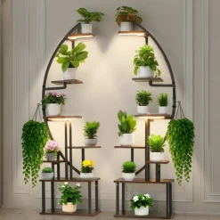 VEVOR Plant Stand Indoor with Grow Lights, 65.5 in Tall 7-Tiered Lighted Plant Shelf, 2 Pack Metal Corner Plants Holder, 3 Timer & 10 Brightness, Half-Moon Shaped Flower Display Rack for Living Room