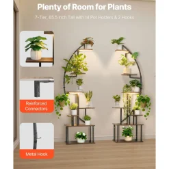 VEVOR Plant Stand Indoor with Grow Lights, 65.5 in Tall 7-Tiered Lighted Plant Shelf, 2 Pack Metal Corner Plants Holder, 3 Timer & 10 Brightness, Half-Moon Shaped Flower Display Rack for Living Room