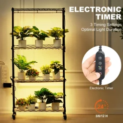 VEVOR Plant Stand with Grow Light, 4-Tier Plant Shelf with 45W Full Spectrum Grow Light, 3 Mode Plant Light with Timer and Wheel for Seed Starting, Metal Grow Light Shelf for Indoor Plants