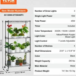 VEVOR Plant Stand with Grow Light, 4-Tier Plant Shelf with 45W Full Spectrum Grow Light, 3 Mode Plant Light with Timer and Wheel for Seed Starting, Metal Grow Light Shelf for Indoor Plants