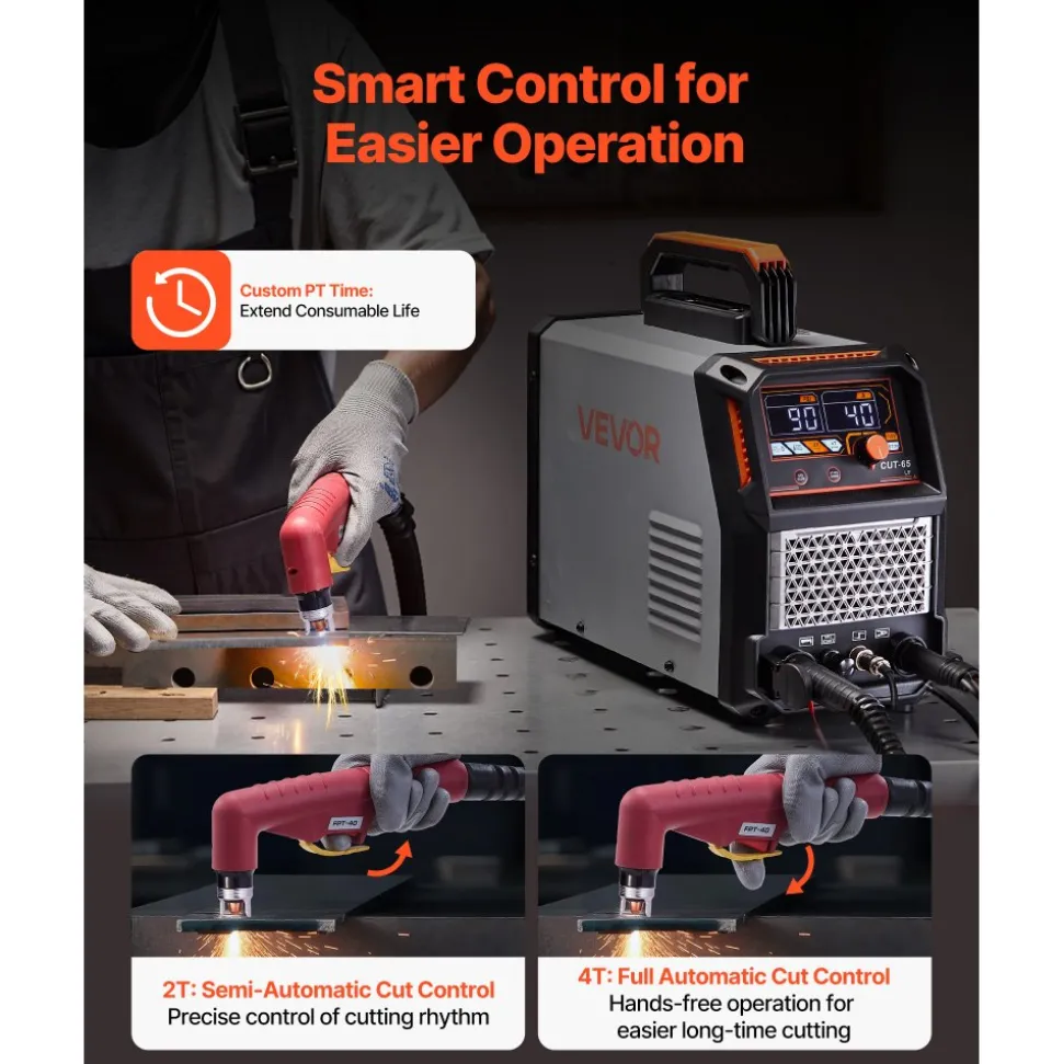 VEVOR Plasma Cutter, 65A Non-Touch Pilot Arc Plasma Cutting Machine Non-High Frequency - with 2T/4T Function & Adjustable PT Time, 110V/220V Dual Voltage Digital Display IGBT Inverter