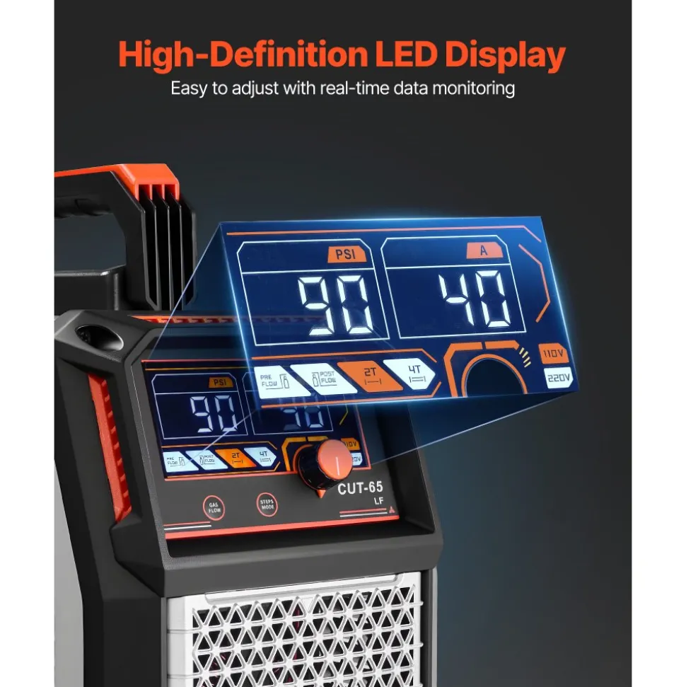 VEVOR Plasma Cutter, 65A Non-Touch Pilot Arc Plasma Cutting Machine Non-High Frequency - with 2T/4T Function & Adjustable PT Time, 110V/220V Dual Voltage Digital Display IGBT Inverter