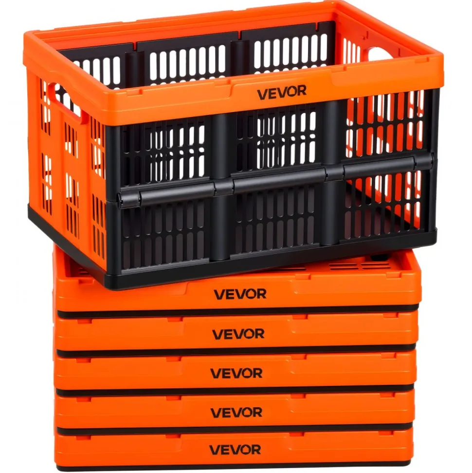 VEVOR Plastic Collapsible Storage Bins, 45L 6 Packs, Stackable Folding Storage Crates with Handles, Holds 33 lbs Per Bin, Foldable Heavy Duty Containers, Space-Saving Baskets, for Home Organizing