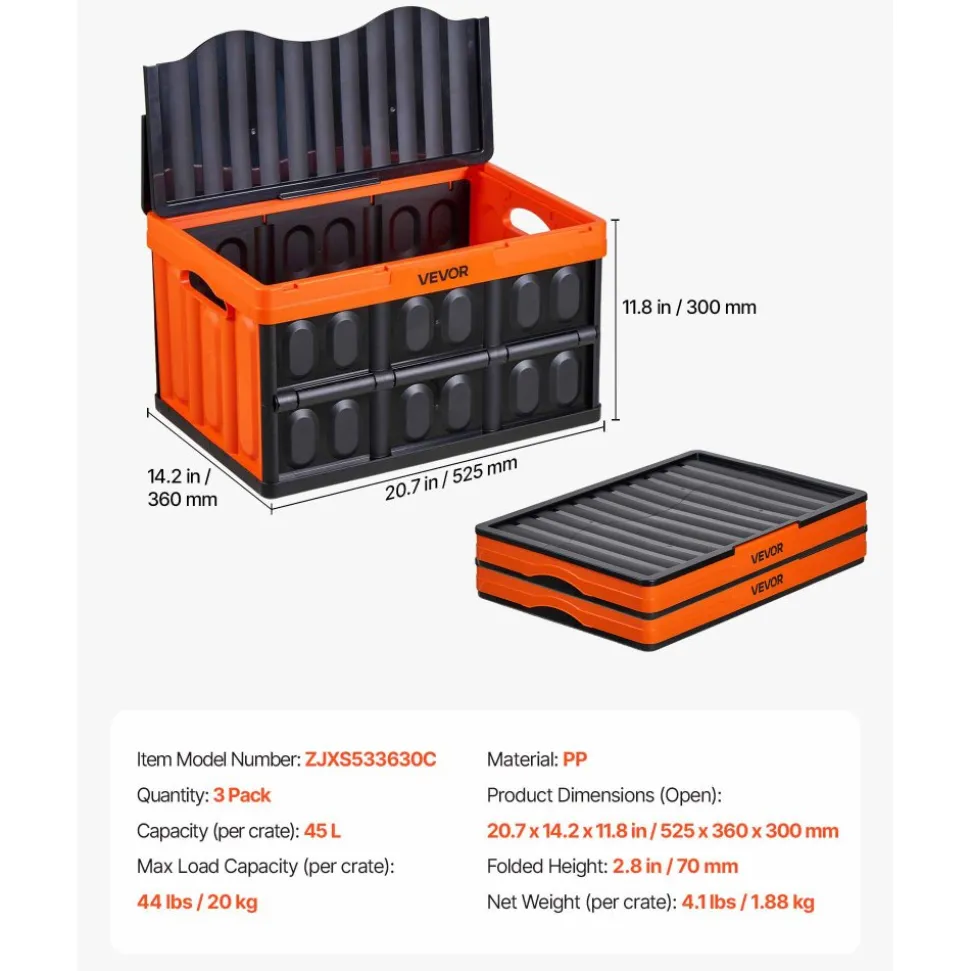 VEVOR Plastic Collapsible Storage Basket, 45L 3 Packs, Folding Stackable Storage Containers/Bins with Handles, Large Heavy Duty Containers for Clothes, Toys, Books, Snack, Shoes and Grocery Organizing