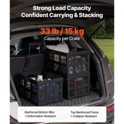 VEVOR Plastic Collapsible Storage Bins, 45L 3 Packs, Stackable Folding Storage Crates with Handles, Holds 33 lbs Per Bin, Foldable Heavy Duty Containers, Space-Saving Baskets, for Home Organizing