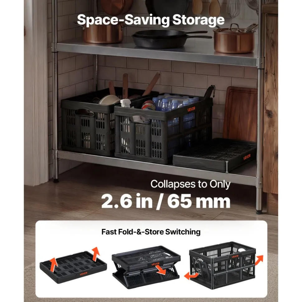 VEVOR Plastic Collapsible Storage Bins, 45L 3 Packs, Stackable Folding Storage Crates with Handles, Holds 33 lbs Per Bin, Foldable Heavy Duty Containers, Space-Saving Baskets, for Home Organizing