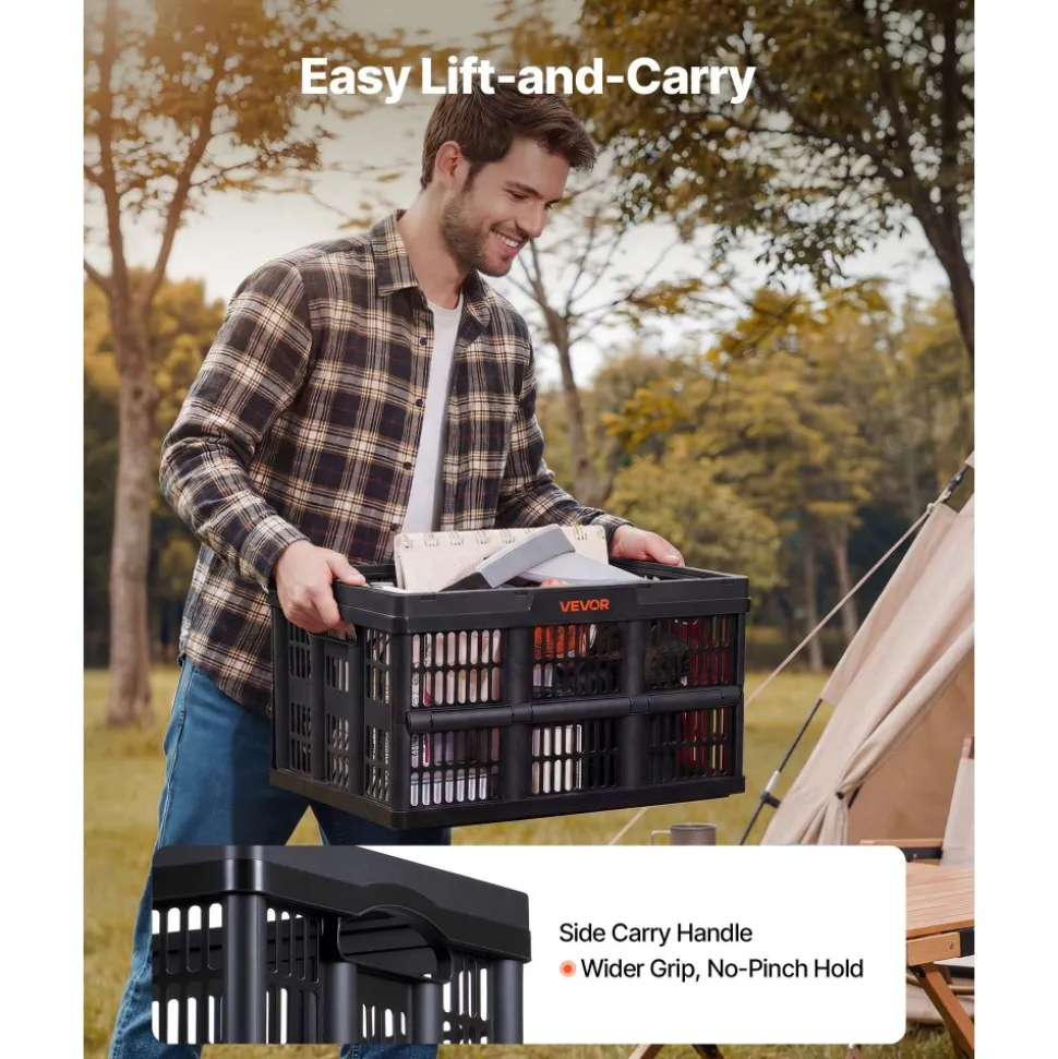 VEVOR Plastic Collapsible Storage Bins, 45L 3 Packs, Stackable Folding Storage Crates with Handles, Holds 33 lbs Per Bin, Foldable Heavy Duty Containers, Space-Saving Baskets, for Home Organizing