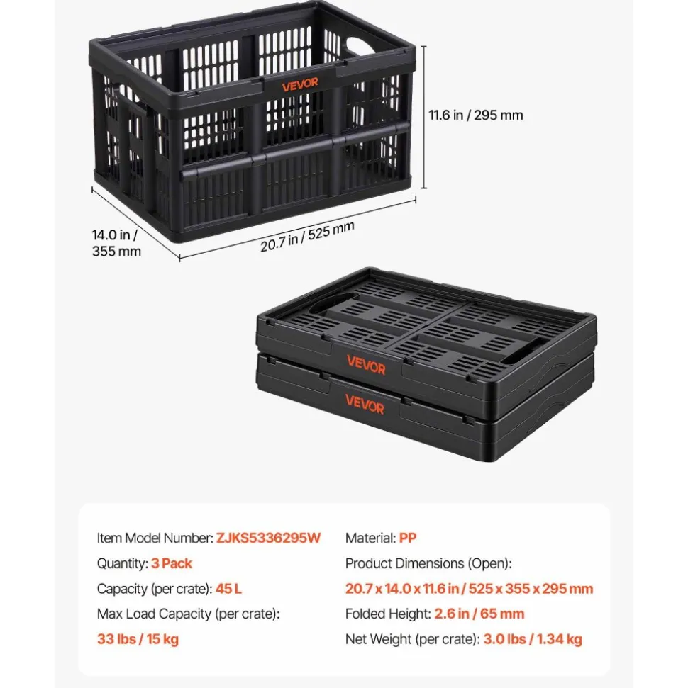 VEVOR Plastic Collapsible Storage Bins, 45L 3 Packs, Stackable Folding Storage Crates with Handles, Holds 33 lbs Per Bin, Foldable Heavy Duty Containers, Space-Saving Baskets, for Home Organizing