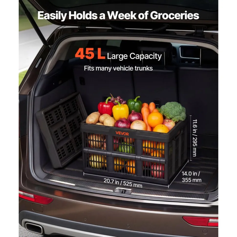 VEVOR Plastic Collapsible Storage Bins, 45L 3 Packs, Stackable Folding Storage Crates with Handles, Holds 33 lbs Per Bin, Foldable Heavy Duty Containers, Space-Saving Baskets, for Home Organizing