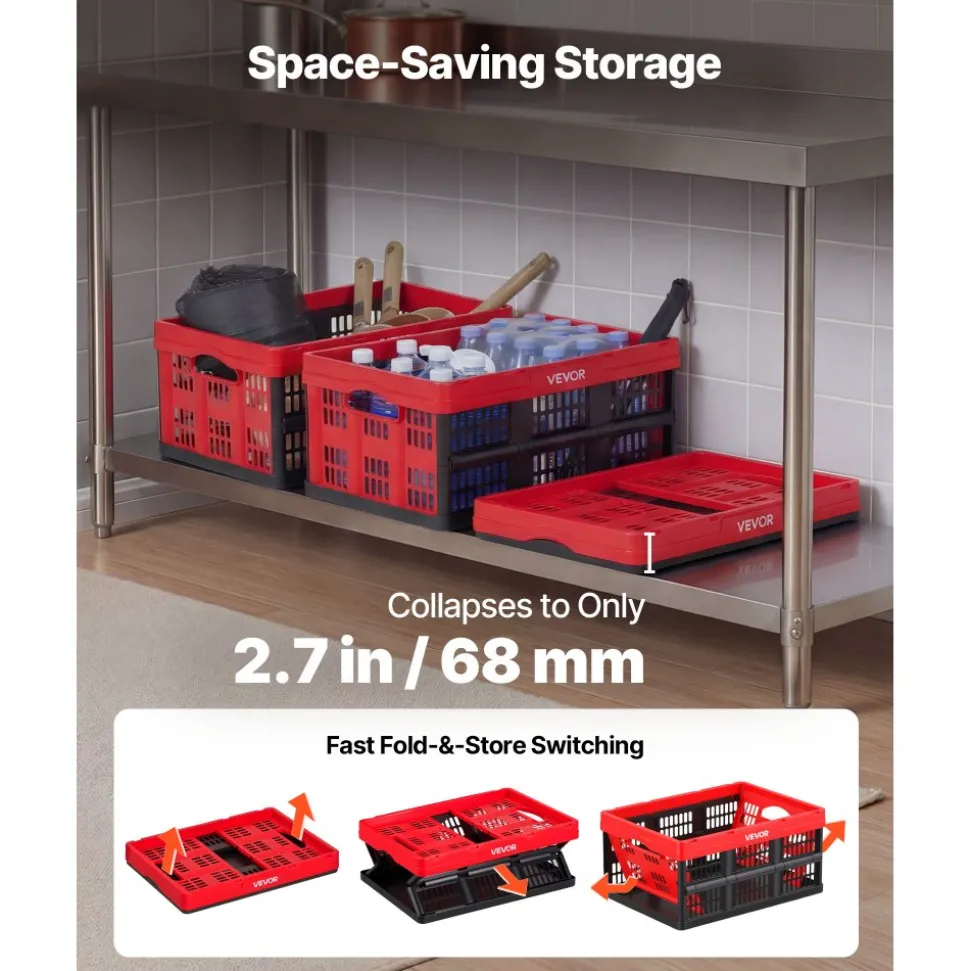 VEVOR Plastic Collapsible Storage Bins, 32L 3 Packs, Stackable Folding Storage Crates with Handles, Holds 26 lbs Per Bin, Foldable Heavy Duty Containers, Space-Saving Baskets, for Home Organizing