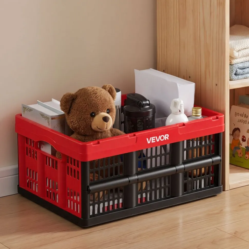 VEVOR Plastic Collapsible Storage Bins, 32L 3 Packs, Stackable Folding Storage Crates with Handles, Holds 26 lbs Per Bin, Foldable Heavy Duty Containers, Space-Saving Baskets, for Home Organizing