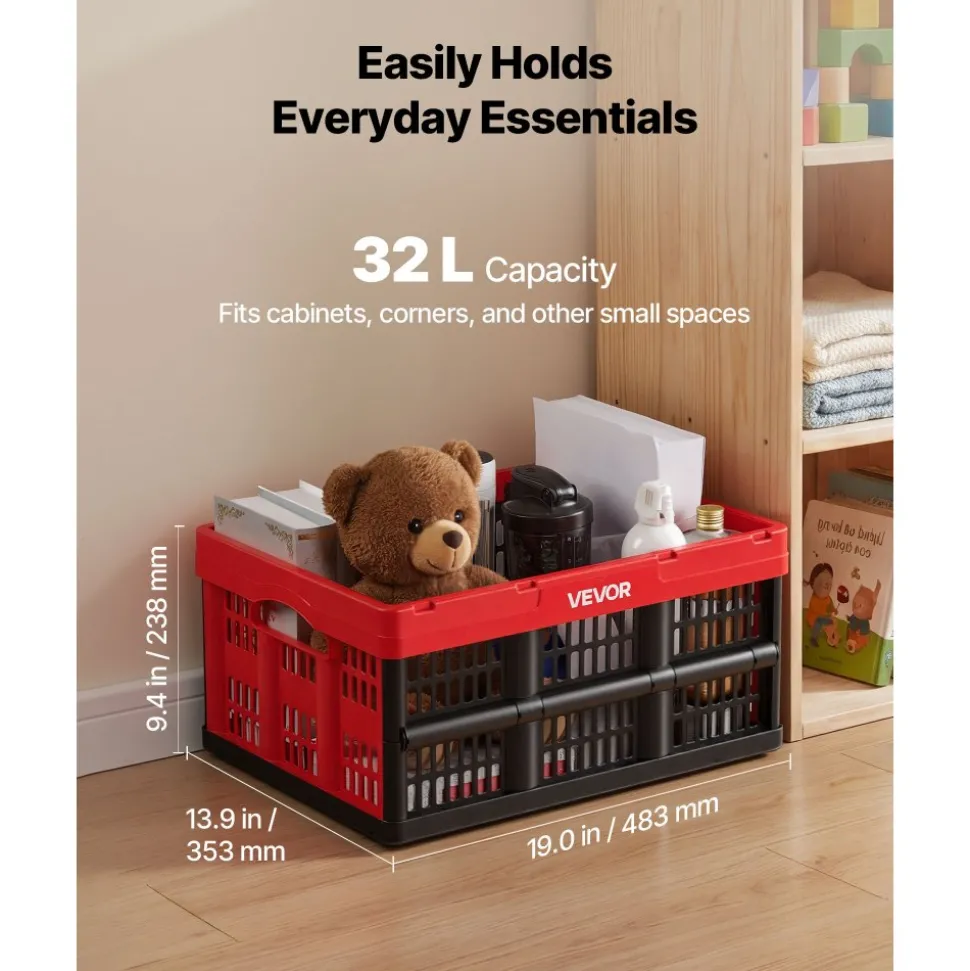 VEVOR Plastic Collapsible Storage Bins, 32L 3 Packs, Stackable Folding Storage Crates with Handles, Holds 26 lbs Per Bin, Foldable Heavy Duty Containers, Space-Saving Baskets, for Home Organizing