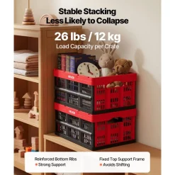 VEVOR Plastic Collapsible Storage Bins, 32L 3 Packs, Stackable Folding Storage Crates with Handles, Holds 26 lbs Per Bin, Foldable Heavy Duty Containers, Space-Saving Baskets, for Home Organizing