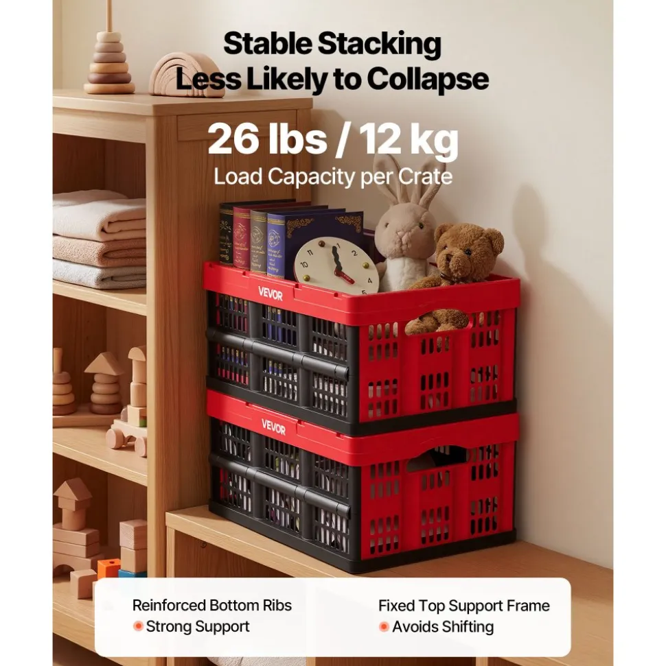 VEVOR Plastic Collapsible Storage Bins, 32L 3 Packs, Stackable Folding Storage Crates with Handles, Holds 26 lbs Per Bin, Foldable Heavy Duty Containers, Space-Saving Baskets, for Home Organizing