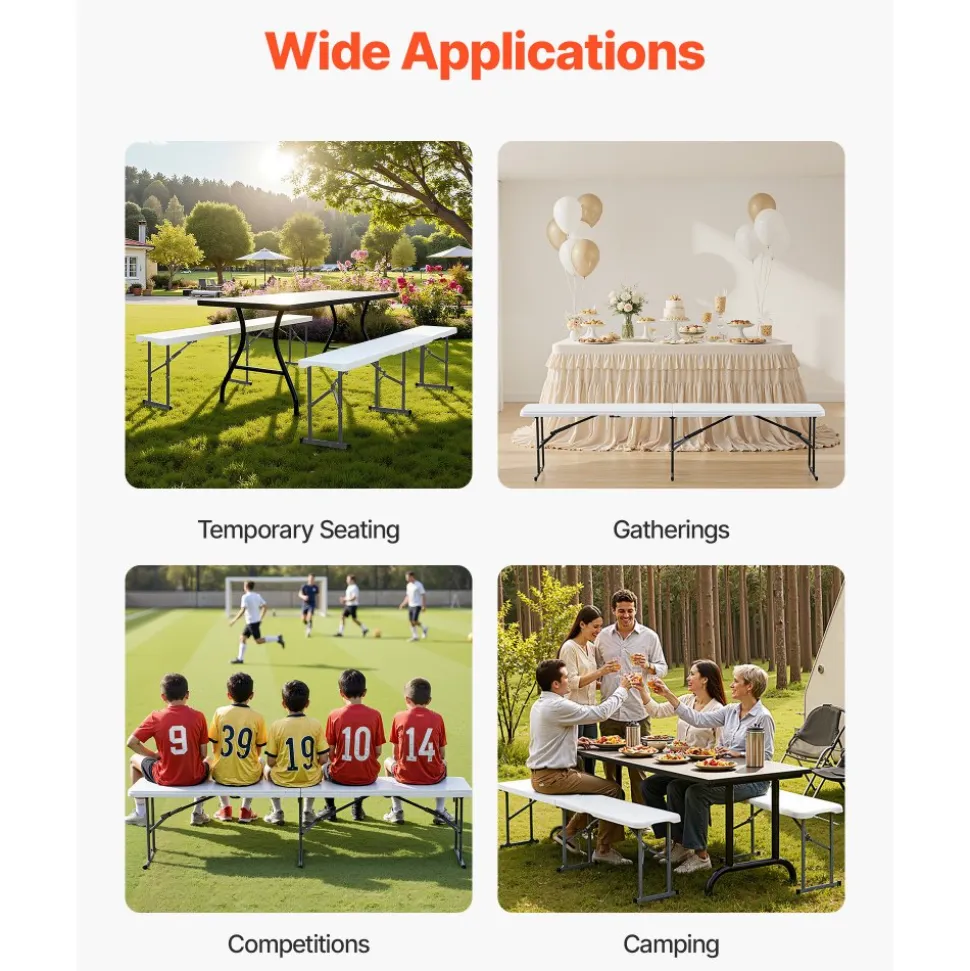 VEVOR Plastic Folding Bench, 6 ft Portable Bench for Indoor/Outdoor Picnic Party Patio Camping Dining, Foldable Smooth HDPE Seat for Garden Soccer Multipurpose Entertaining Activities, 1 Pack, White
