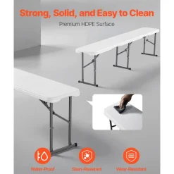 VEVOR Plastic Folding Bench, 6 ft Portable Bench for Indoor/Outdoor Picnic Party Patio Camping Dining, Foldable Smooth HDPE Seat for Garden Soccer Multipurpose Entertaining Activities, 1 Pack, White