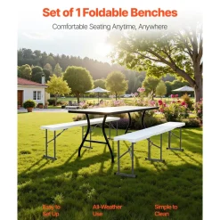 VEVOR Plastic Folding Bench, 6 ft Portable Bench for Indoor/Outdoor Picnic Party Patio Camping Dining, Foldable Smooth HDPE Seat for Garden Soccer Multipurpose Entertaining Activities, 1 Pack, White