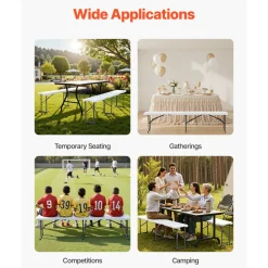 VEVOR Plastic Folding Bench, 6 ft Portable Bench for Indoor/Outdoor Picnic Party Patio Camping Dining, Foldable Smooth HDPE Seat for Garden Soccer Multipurpose Entertaining Activities, 2 Pack, White