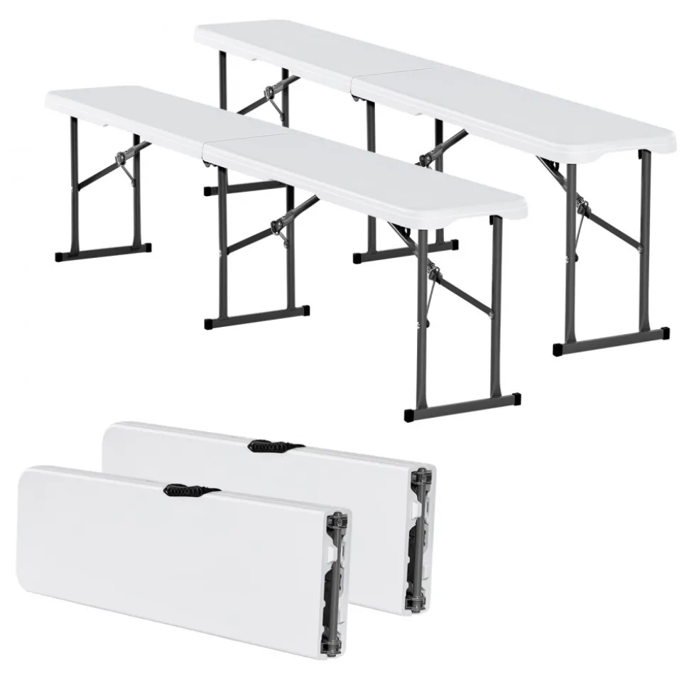 VEVOR Plastic Folding Bench, 6 ft Portable Bench for Indoor/Outdoor Picnic Party Patio Camping Dining, Foldable Smooth HDPE Seat for Garden Soccer Multipurpose Entertaining Activities, 2 Pack, White