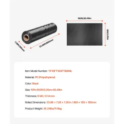 VEVOR Plastic Sheeting Heavy Duty 10' x 100', 6 Mil Thick Plastic Sheeting Roll, Plastic Drop Cloth Painters Tarp, Polyethylene Covering for Crawl Space Vapor Barrier, Multi-Purpose, Black
