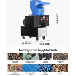 VEVOR Plastic Shredder Crusher, 3HP/2.2KW Plastic Grinder Granulator, 100-150kg/h Capacity Pulverizer Recycling Machine with Wheels, SDK-11 Blade & 6mm Mesh for PVC ABS PTFE (220V 60Hz 3-Phase)