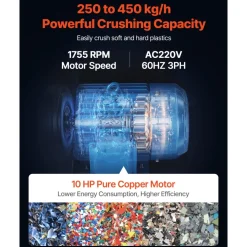 VEVOR Plastic Shredder Crusher, 10HP/7.5KW Plastic Grinder Granulator, 250-450kg/h Capacity Pulverizer Recycling Machine with Wheels, SDK-11 Blade & 10mm Mesh for PVC PTFE (220V 60Hz 3-Phase)