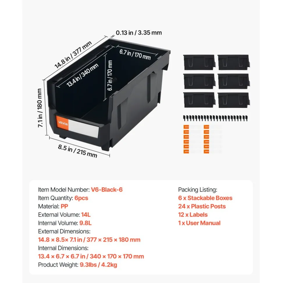 VEVOR Plastic Stackable Storage Bins, 14.8 x 8.5 x 7.1 inch (6 Pack), Plastic Containers for Organizing and Storage Bins for Closet, Garage, Small Parts, Office Supplies and Other Accessories, Black