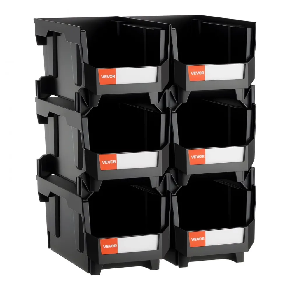 VEVOR Plastic Stackable Storage Bins, 14.8 x 8.5 x 7.1 inch (6 Pack), Plastic Containers for Organizing and Storage Bins for Closet, Garage, Small Parts, Office Supplies and Other Accessories, Black