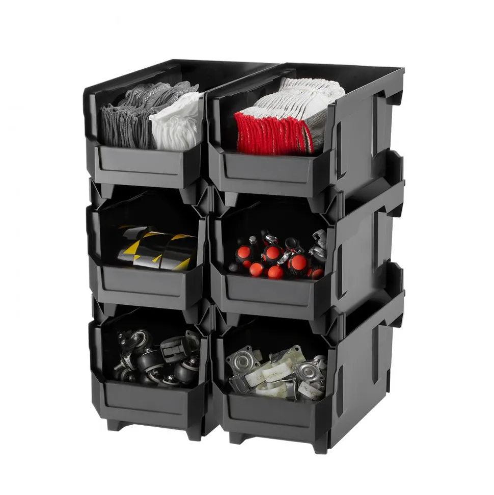 VEVOR Plastic Stackable Storage Bins, 14.8 x 8.5 x 7.1 inch (6 Pack), Plastic Containers for Organizing and Storage Bins for Closet, Garage, Small Parts, Office Supplies and Other Accessories, Black