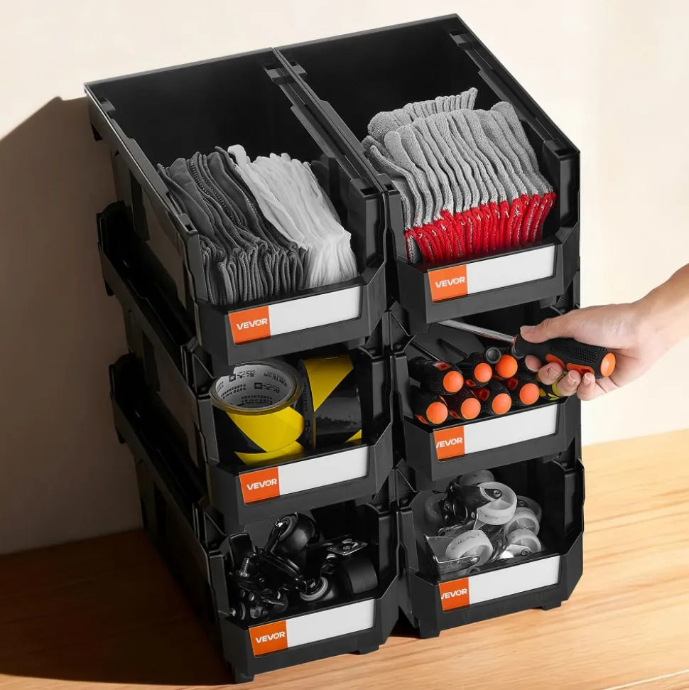 VEVOR Plastic Stackable Storage Bins, 14.8 x 8.5 x 7.1 inch (6 Pack), Plastic Containers for Organizing and Storage Bins for Closet, Garage, Small Parts, Office Supplies and Other Accessories, Black