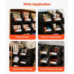 VEVOR Plastic Stackable Storage Bins, 14.8 x 8.5 x 7.1 inch (6 Pack), Plastic Containers for Organizing and Storage Bins for Closet, Garage, Small Parts, Office Supplies and Other Accessories, Black