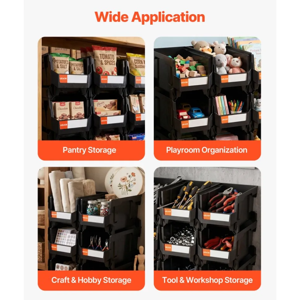VEVOR Plastic Stackable Storage Bins, 14.8 x 8.5 x 7.1 inch (6 Pack), Plastic Containers for Organizing and Storage Bins for Closet, Garage, Small Parts, Office Supplies and Other Accessories, Black