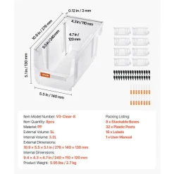 VEVOR Plastic Stackable Storage Bins, 10.9 x 5.5 x 5.1 inch (8 Pack), Plastic Containers for Organizing & Storage Bins for Closet, Garage, Small Parts, Office Supplies, Other Accessories, Transparent