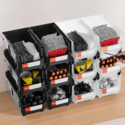 VEVOR Plastic Stackable Storage Bins, 14.8 x 8.5 x 7.1 inch (12 Pack), Plastic Containers for Organizing & Storage Bins for Garage, Small Parts, Office Supplies, Other Accessories, Black & Transparent