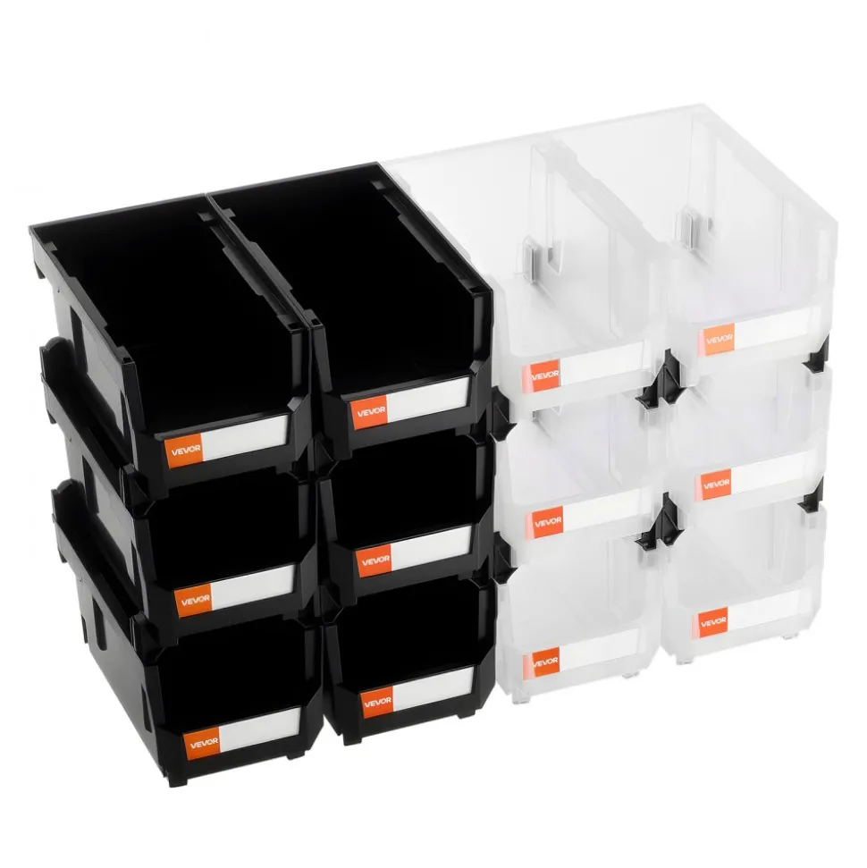 VEVOR Plastic Stackable Storage Bins, 14.8 x 8.5 x 7.1 inch (12 Pack), Plastic Containers for Organizing & Storage Bins for Garage, Small Parts, Office Supplies, Other Accessories, Black & Transparent