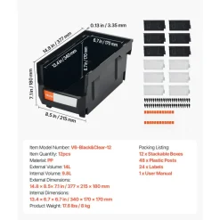 VEVOR Plastic Stackable Storage Bins, 14.8 x 8.5 x 7.1 inch (12 Pack), Plastic Containers for Organizing & Storage Bins for Garage, Small Parts, Office Supplies, Other Accessories, Black & Transparent