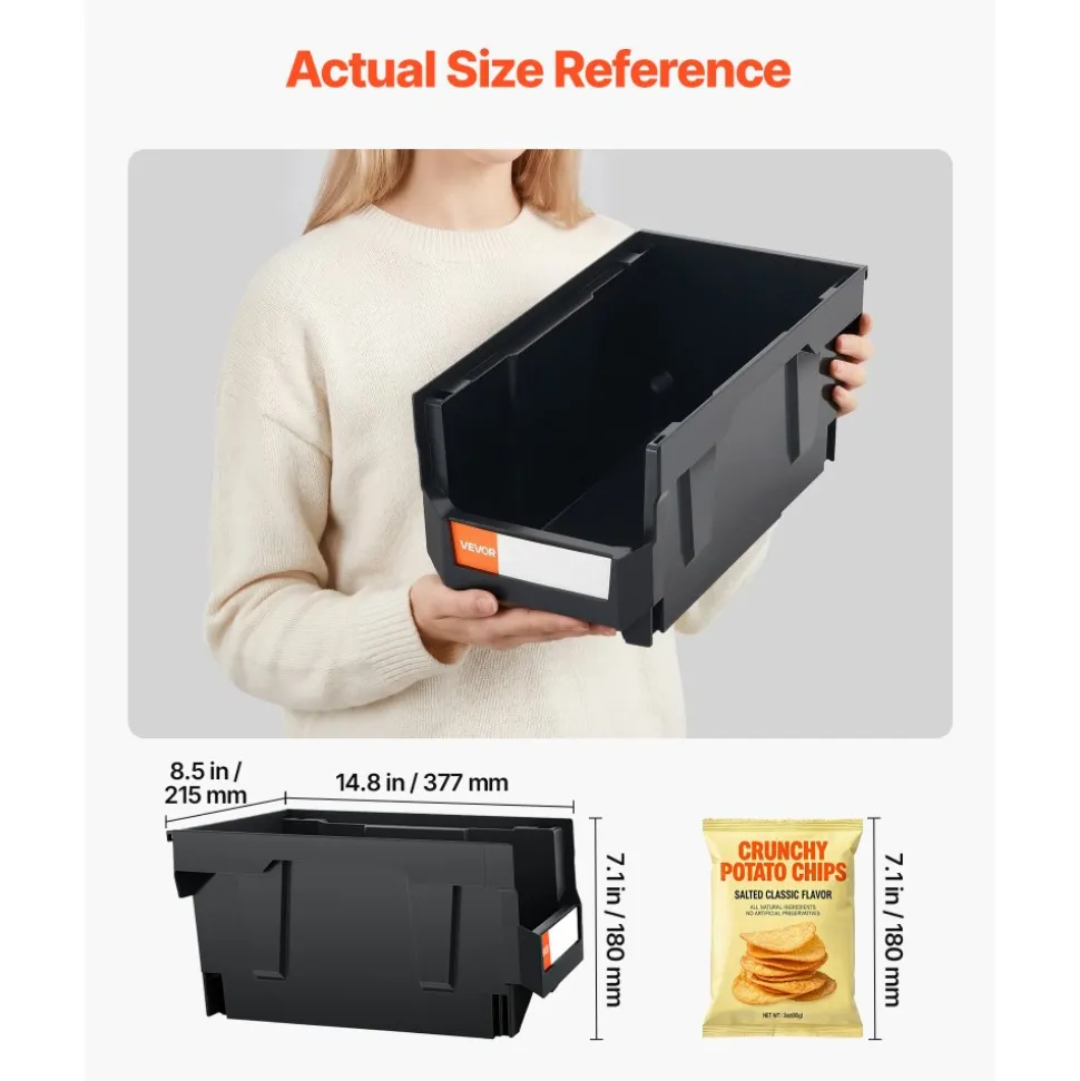 VEVOR Plastic Stackable Storage Bins, 14.8 x 8.5 x 7.1 inch (12 Pack), Plastic Containers for Organizing & Storage Bins for Garage, Small Parts, Office Supplies, Other Accessories, Black & Transparent